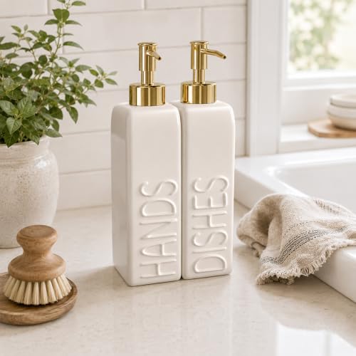 Ceramic Dish and Hand Soap Dispenser Set, 2 Pack with Stainless Steel Pump | Refillable bottles with an included funnel for easy refills and daily use, adding a stylish touch to kitchens and bathrooms. - color: Matte White, Gold Pump