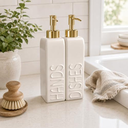 Ceramic Dish and Hand Soap Dispenser Set, 2 Pack with Stainless Steel Pump | Refillable bottles with an included funnel for easy refills and daily use, adding a stylish touch to kitchens and bathrooms. - color: Matte White, Gold Pump