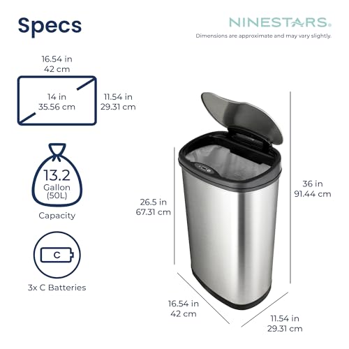 Ninestars 13 Gallon Oval Automatic Trash Can, 50L Touchless Motion Sensor Garbage Can with Odor-Sealing Lid & One-Touch Manual Mode, Silver Stainless Steel, Black Trim
