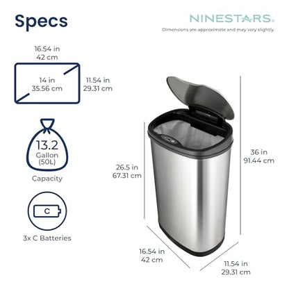 Ninestars 13 Gallon Oval Automatic Trash Can, 50L Touchless Motion Sensor Garbage Can with Odor-Sealing Lid & One-Touch Manual Mode, Silver Stainless Steel, Black Trim