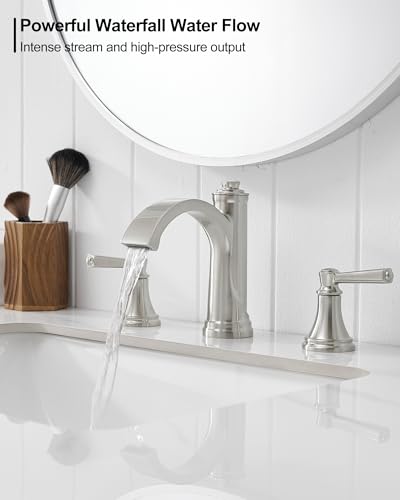 Brass Waterfall Bathroom Faucets, Brushed Nickel Bathroom Faucet 4-16 Inch, 2 Handle Widespread Bathroom Sink Faucet 3 Hole with Pop Up Drain and Supply Lines - color: Brushed Nickel