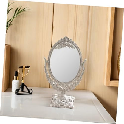 1pc Double Sided Princess Mirror Cosmetic Mirror Princess Makeup Round Stand Lighted Girl Makeup Antique Tabletop Vintage Stand Wheat Straw Beige