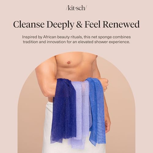 Kitsch African Net Sponge – Exfoliating Body Scrubber – Ocean Blue, 3 Pcs | for Cleansing & Gentle Daily Exfoliation – Stretchable Bath Sponge for Hard-to-Reach Areas – Long-Lasting Shower Essential - color: Ocean Blue
