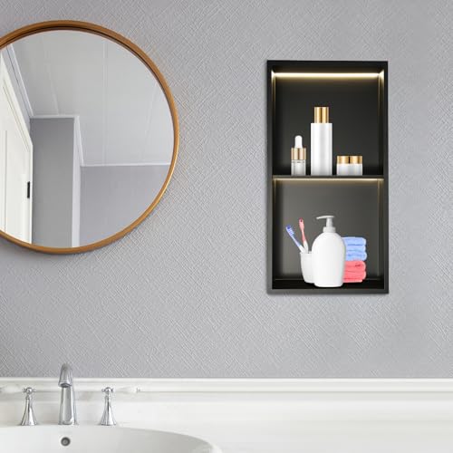 2-Tiers 12x24 Shower Niche with LED Light Strips, Matte Black Shower Niche Cabinet, Recessed Wall Cabinet, Stainless Steel Bathroom Shelf for Bathrooms, Kitchens, Toilets (12x24in) - size: 12x24in