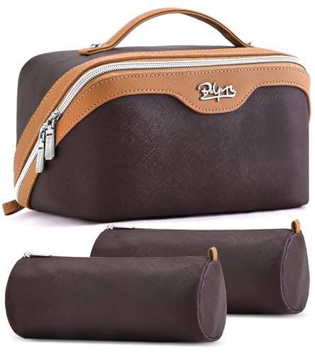 BOYATU Travel Makeup Bag Organizer Cosmetic Bag: 3 Pcs Set Make up Bags for Women with Handle - Waterproof Vegan Leather Toiletry Bags Travel Essentials Pouch with Compartments (A-03-Brown) - color: 02-D-Brown