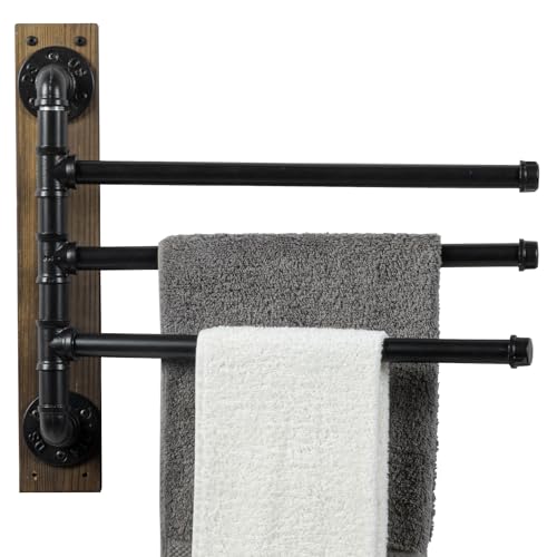 MyGift Wall Mount Swivel Towel Rack with 3 Tier Metal Pipe Bars & Wood Base | Swing-out design keeps towels organized and accessible while adding rustic industrial style to bathrooms, and pools areas - color: Burnt Wood / Black