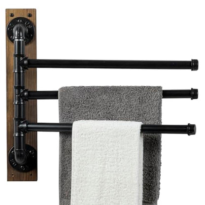 MyGift Wall Mount Swivel Towel Rack with 3 Tier Metal Pipe Bars & Wood Base | Swing-out design keeps towels organized and accessible while adding rustic industrial style to bathrooms, and pools areas - color: Burnt Wood / Black