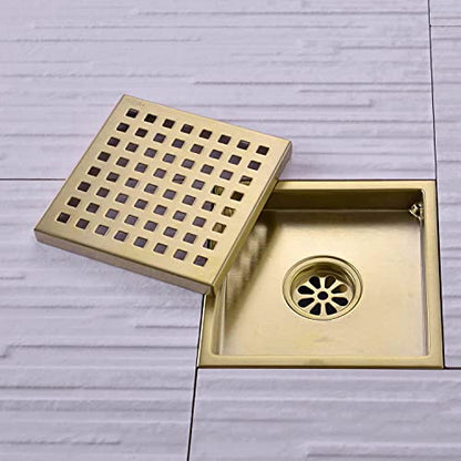 TRUSTMI 6 Inch Square Shower Floor Drain with Removable Grid Grate Cover, SUS 304 Stainless Steel,Brushed Gold - size: Grid Cover