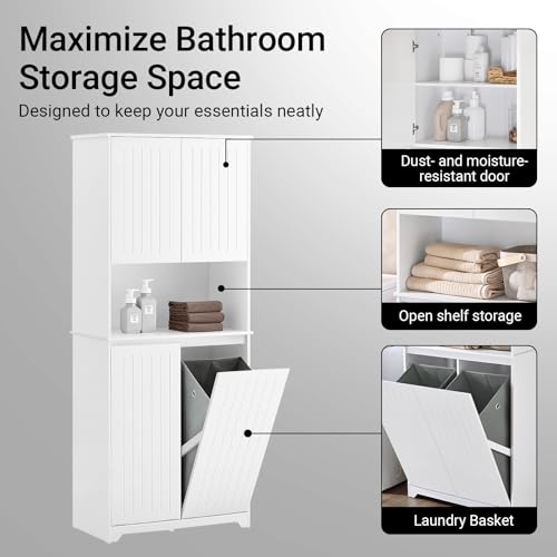 SoBuy Double Tilt Out Laundry Hamper Cabinet, 27.6 x 14.6 x 36.9 in, White | Double Tilt Out Laundry Storage Cabinet With Adjustable Shelves, Tall Cabinet With Hidden Pull Out Baskets, SO2-BZR150-W - color: White, size: Tall