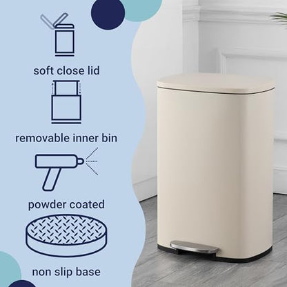 happimess Connor 2-Piece Iron Trash Can, Limestone Beige | 13.2 And 1.3 Gallons, Rectangular, Soft-Close Lid, Step Pedal, 20 Liners, 26" And 12" Height - color: Limestone Beige