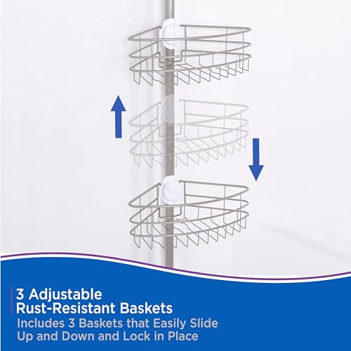 Kenney KN614128 Easy Slide Adjustable Height (6' 9"-9') Spring Tension Metal Corner Pole Shower Caddy with 3 Adjustable Rust-Resistant Basket Shelves, Towel Bars, and Razor Holders, Brushed Nickel