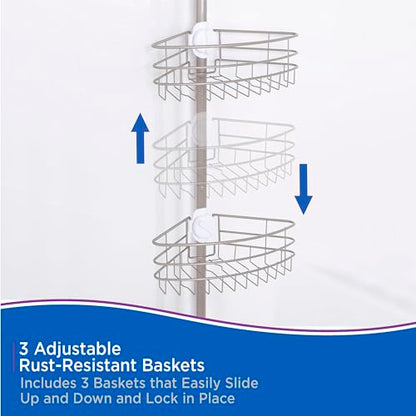 Kenney KN614128 Easy Slide Adjustable Height (6' 9"-9') Spring Tension Metal Corner Pole Shower Caddy with 3 Adjustable Rust-Resistant Basket Shelves, Towel Bars, and Razor Holders, Brushed Nickel