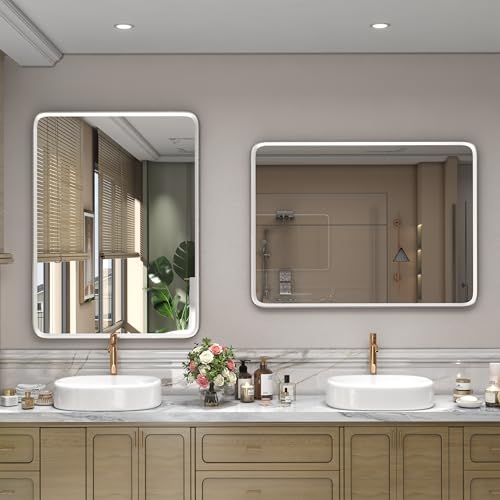 24x32 Silver Bathroom Mirror, Silver Vanity Mirror for Wall, Rounded Rectangle Mirror with Beveled Border, Anti-Rust, Polished, Shatterproof (Horizontal/Vertical) | Silver Metal Framed Mirror, Rounded Rectangle, Beveled Border, Anti-Rust, Painted, Shatter