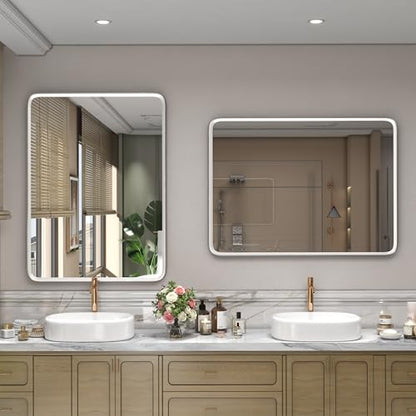 24x32 Silver Bathroom Mirror, Silver Vanity Mirror for Wall, Rounded Rectangle Mirror with Beveled Border, Anti-Rust, Polished, Shatterproof (Horizontal/Vertical) | Silver Metal Framed Mirror, Rounded Rectangle, Beveled Border, Anti-Rust, Painted, Shatter