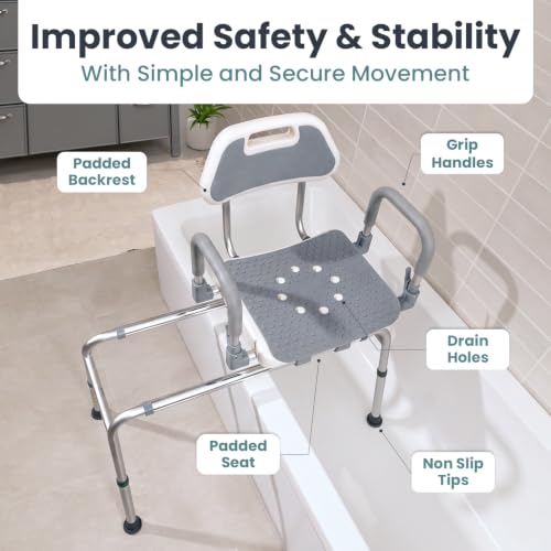 Sliding Shower Chair Tub Transfer Bench with Swivel Seat, Shower Bench for Elderly and Disabled, with Security Belt, 360 Rotation, Slides and Rotates, Adjustable,one Touch Slide Button, Grey - color: Grey