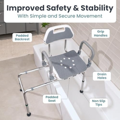 Sliding Shower Chair Tub Transfer Bench with Swivel Seat, Shower Bench for Elderly and Disabled, with Security Belt, 360 Rotation, Slides and Rotates, Adjustable,one Touch Slide Button, Grey - color: Grey