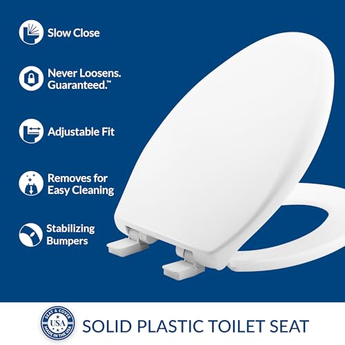 Bemis Aurora Slow Close Toilet Seat, Easy Clean Hinges and Adjustable Perfect Fit Plastic Seat, Made in USA, Elongated, Cotton White