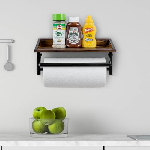 MyGift Black Metal Paper Towel Holder Wall Rack with Rustic Wood Shelf | Top shelf stores seasonings and essentials while the wall-mounted design keeps paper towels rolls accessible - color: Matte Black Metal Paper