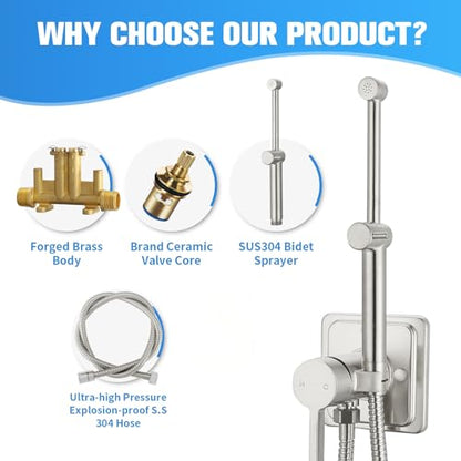 Brushed Nickel Handheld Warm Water Bidet Sprayer Mounted on the Wall, Concealed Hot and Cold Bidet Sprayer with Mixing Valve for Toilet - color: Brushed Nickel