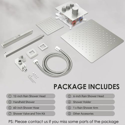 Thermostatic Shower System Brushed Nickel, STARBATH Shower Faucets Sets 12+ 6" Wall Mount Rain Shower and 2 in 1 Handhled, Can Use All at Once, Push Button 3 Modes Valve Complete Shower Set - color: Brushed Nickel, size: 6+12 inch-12