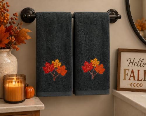 Serfina Home Harvest Fall Hand Guest Towels for Bathroom, Embroidered Grey Gray Autumn Leaf Design, 100% Cotton, 16" x 25" Inches, 2 Pc Set - color: Autumn Leaf Grey