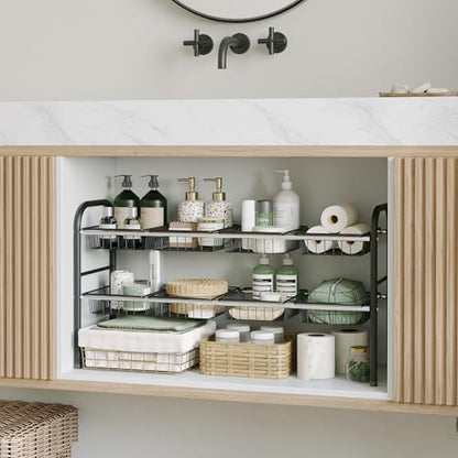 Under Sink Organizers and Storage,Expandable under cabinet organizer Shelf | 2 tier expandable shelf for kitchen and bathroom,8 Baskets,Adjustable partition height,20.7-32.3" W - size: 8 Metal Baskets