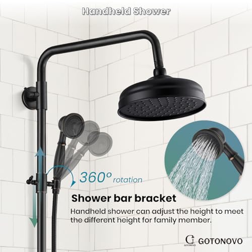 gotonovo Exposed Shower System Wall Mount,Oil Rubbed Bronze,Metal Handheld | 8” Rain Shower Head Faucet Set Fixtures,2 Function,Two Cross Handle,Height Adjustable,for 5-6.7" Hole,Indoor Victorian Retro - color: Bronze