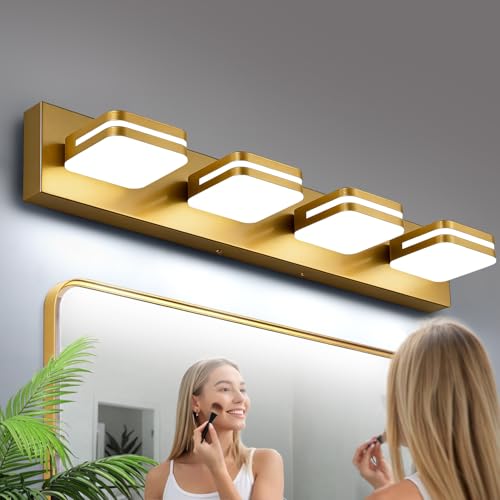 Torondo 360° Rotate LED Bathroom Vanity Light Fixtures, Acrylic Vanity Lights for Bathroom, Modern Wall Lighting Fixtures Over Mirror Living, Gold, Natural White, 4-Light, 27-Inch - color: Gold, Natural White, size: 4-Light, 27-Inch