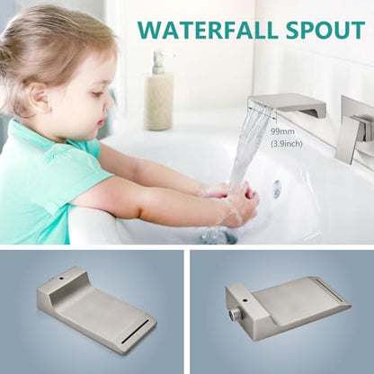 Wall Mount Bathroom Faucet, Waterfall Tub Filler, Brushed Nickel | SUS304 Waterfall Spout, Rough-In Valve, Single-Handle Control, 1/2-Inch NPT, Flexible Handle Placement - color: Brushed Nickel