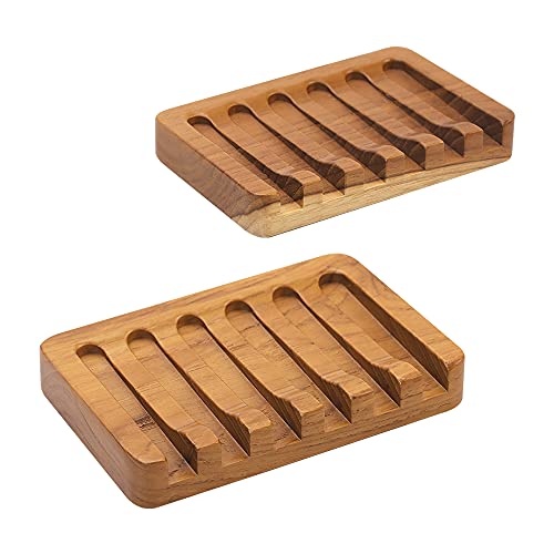 HTB 2 Pack Self Draining Soap Dishes,Teak Wood Soap Holder for Shower | Soap Saver Keep Soap Dry,Extend Soap Life,Non-slip Soap Tray for Shower,Bathroom,Sink,Kitchen,Countertop,Waterfall Drainer - color: 2pcs
