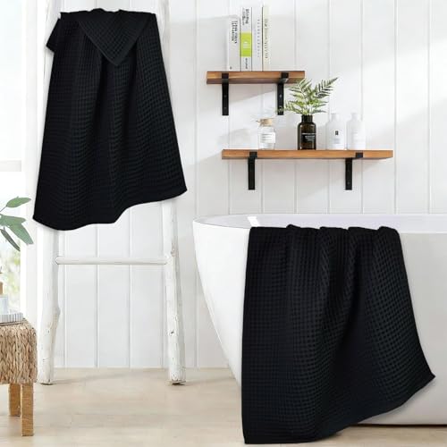 Jacquotha Waffle Bath Towel Set of 2 (Black) - Cotton, Thin, Low Lint | 31” x 62” Soft Bath Towels for Bathroom, Shower, Pool & Beach - color: Black