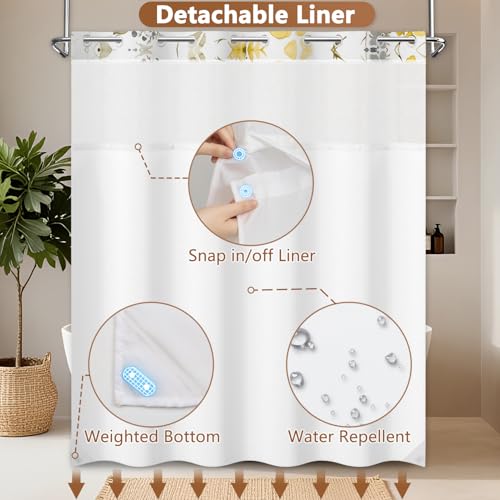 No Hook Watercolor Floral Shower Curtain with Liner, Bathroom Hook-free Shower Curtain and Snap in Liner Set, Farmhouse Waterproof Shower Curtains with Sheer Top Window and Weighted Hem, 71x74 Inches - color: Yellow Wildflower