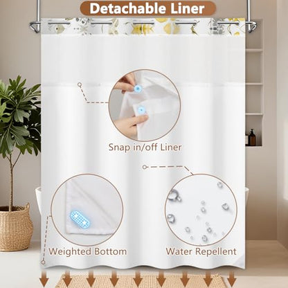 No Hook Watercolor Floral Shower Curtain with Liner, Bathroom Hook-free Shower Curtain and Snap in Liner Set, Farmhouse Waterproof Shower Curtains with Sheer Top Window and Weighted Hem, 71x74 Inches - color: Yellow Wildflower