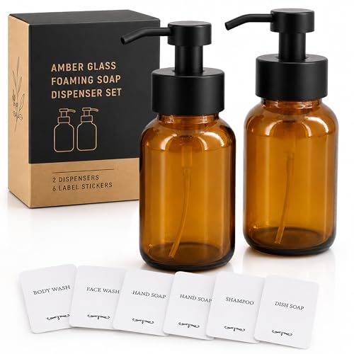 2 Pcs Amber Glass Foaming Soap Dispenser with Pump, 8.5 oz Bottles | Refillable Soap Dispensers for Hand Wash, Dish Liquid, Shampoo, Gel - Rich Foam with Every Press, for Bathrooms and Kitchens