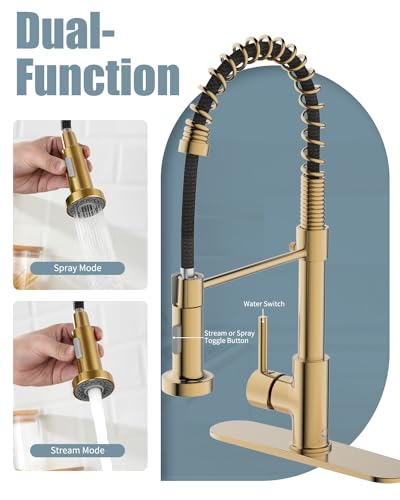 Kitchen Faucet, Brushed Gold Kitchen Faucet with Soap Dispenser and Deck Plate, Faucet for Camper Farmhouse RV Kitchen Sink, Single Handle Stainless Steel Kitchen Sink Faucets with Pull Down Sprayer - color: C-Brushed Gold, style: Contemporary