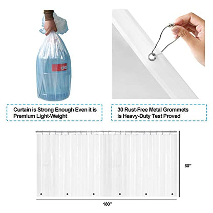 Clawfoot Tub Clear Short Length 60 Inch Curtain Liner with Weighted | 180x60 Inch Extra Wide 360 Shower Curtain PEVA Waterproof Wrap Around Bath Tub Curtain with Stanless Steel Hooks - color: Clear, size: 180"W x 60"L (Pack of 1)