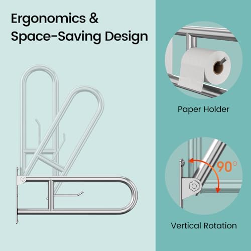 23.6 Inch Foldable Toilet Grab Bars, Bathroom Stainless Steel Handrails with Paper Holder, Handicapped Flip-Up Handles, Senior Safety Rails, Wall Mounted Hand Grips, for Elderly, Disabled, Pregnant - size: 23.6 inches