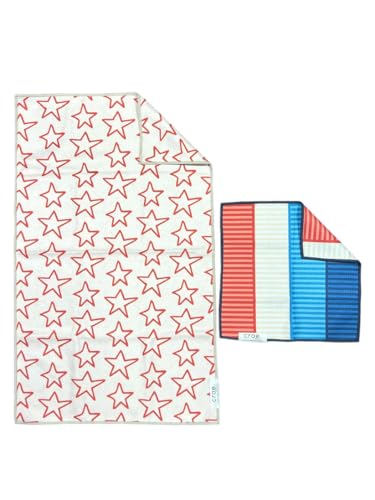 Microfiber Hand Towel & Washcloth Set, Double-Sided Waffle Weave Set of Two | Super Absorbent, Lint-Free, Fast Drying, Stars & Stripes Pattern, Red/Blue/Cream, Bathroom, Kitchen, Car & Windows Cloth Sets - color: Stars & Stripes - Red, Blue, Cream, size: