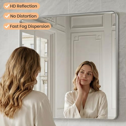 JISOSO Brushed Nickel Bathroom Mirror, 22x30 Inch Thick Silver Metal Rectangle Frame Wall Mirror, Modern Round Corner Bathroom Vanity Mirror for Over Sink, Bedroom, Living Room, Entryway | Silver Metal Frame, Anti-Rust, Shatter Proof, Hangs Horizontally o