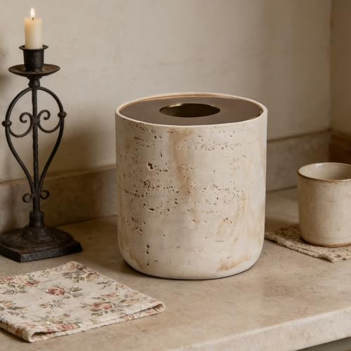 Natural Travertine Textures Mini Trash Can with Rose Gold Stainless Steel Lid, Mini Countertop Trash Can for Bathroom Kitchen, Desk or Table top Mini Garbage Can, Resin Tiny Waste Basket for Vanity - color: Beige Travertine