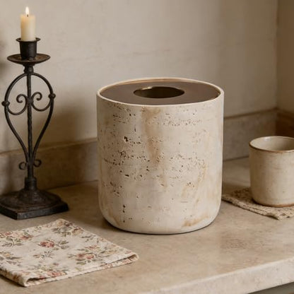 Natural Travertine Textures Mini Trash Can with Rose Gold Stainless Steel Lid, Mini Countertop Trash Can for Bathroom Kitchen, Desk or Table top Mini Garbage Can, Resin Tiny Waste Basket for Vanity - color: Beige Travertine