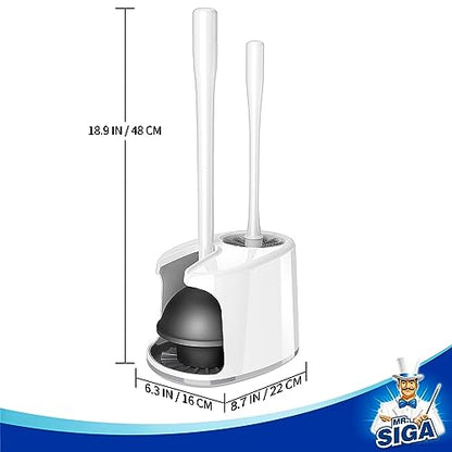 MR.SIGA Toilet Plunger and Brush with Holder for Toilet Cleaning, White | Heavy duty toilet brush and plunger set, plunger toilet brush combo - color: White