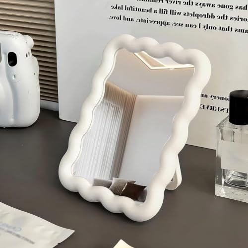 1Pcs Wavy Frame Desk Mirror Glossy Freestanding Mount Vanity Mirror White | Wavy Border Single Sided Makeup Mirror With Back Stand, Dual Use Tabletop Wall Mirror For Dorm Bedroom Daily Cosmetic Use