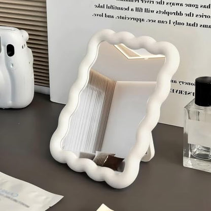 1Pcs Wavy Frame Desk Mirror Glossy Freestanding Mount Vanity Mirror White | Wavy Border Single Sided Makeup Mirror With Back Stand, Dual Use Tabletop Wall Mirror For Dorm Bedroom Daily Cosmetic Use