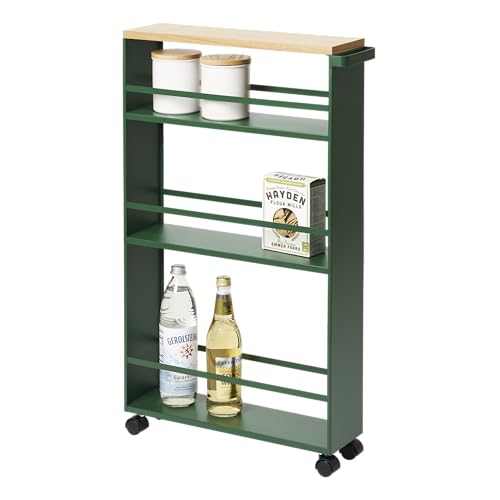 YAMAZAKI Home Slim Rolling Storage Cart – Narrow Kitchen Storage Cabinet with Handle, Slim Storage Cart with Wheels, Easy Assembly, 32" - Steel - - color: Forest Green