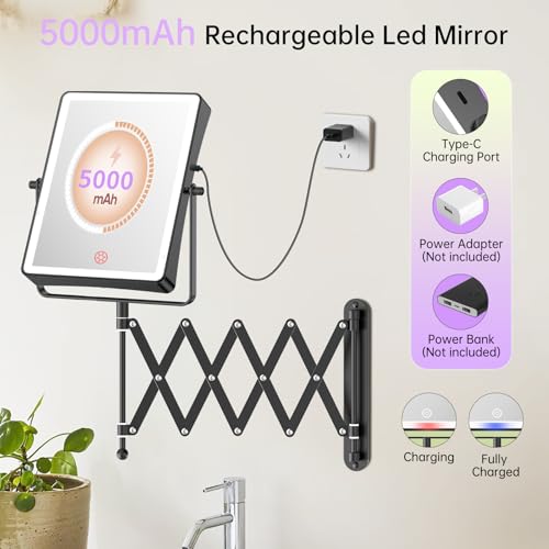 FASCINATE 8.7" 5000mAh Rechargeable Wall Mounted Makeup Mirror (Black) | Double Sided Touch Switch 1X 30X Magnifying Bathroom Mirror, 3 Color Lights, Extended Arm 360°Rotation - color: Black B