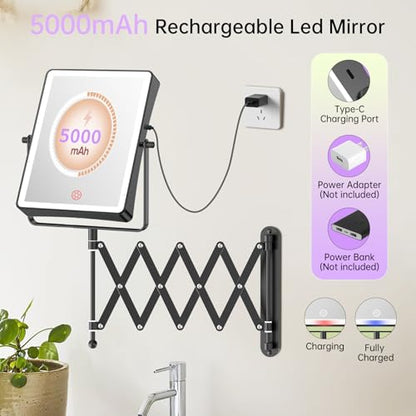 FASCINATE 8.7" 5000mAh Rechargeable Wall Mounted Makeup Mirror (Black) | Double Sided Touch Switch 1X 30X Magnifying Bathroom Mirror, 3 Color Lights, Extended Arm 360°Rotation - color: Black B