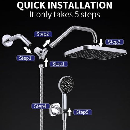 13 Inch Rain Shower Head with Handheld Combo, High Pressure, Chome | Dual Shower Head Square Design, Anti-Clog Technology, Adjustable Rainfall-Power Jets