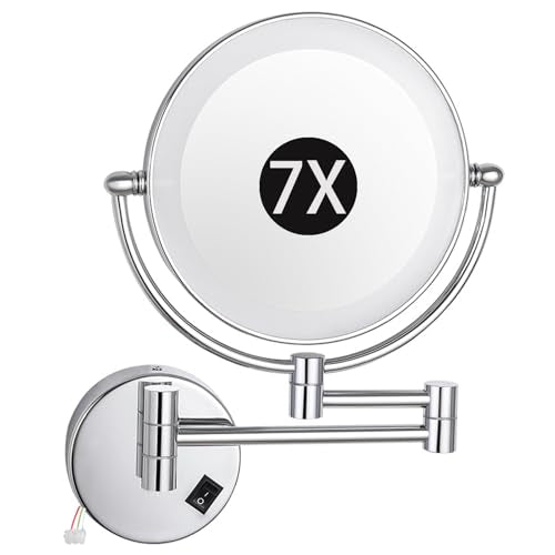 8" Wall Mounted Lighted Makeup Mirror, Hardwired Double Sided LED Magnifying Extended Arm 360° Swivel Bathroom Vanity Mirror,Chrome,7X - color: Chrome, size: 7X