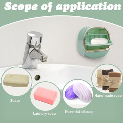 ASTIMESA 2 Packs Waterproof Wall-Mounted Soap Dishes Box, Adhesive Plastic Soap Holder with Drain Lid Tray for Bar Bathroom Shower Keep Dry Flip Self Draining White & Light Green - color: White & Light Green